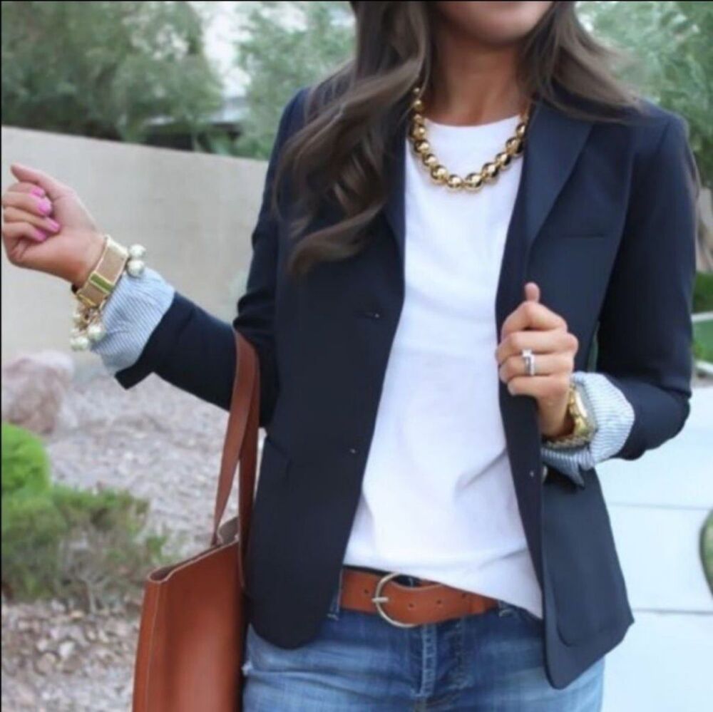 GAP The Academy Blazer Jacket Size 8 Navy Striped inside Cuffs Green Lined